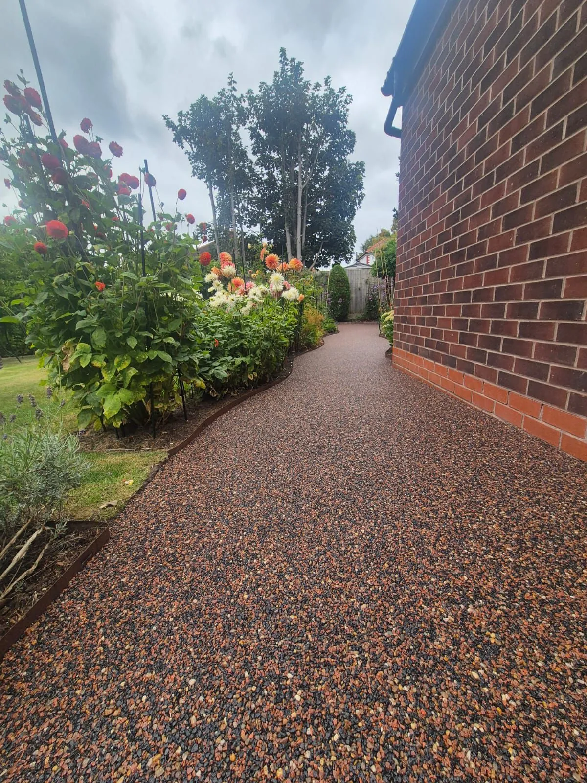 Autumn resin bound pathway alongside flower bed