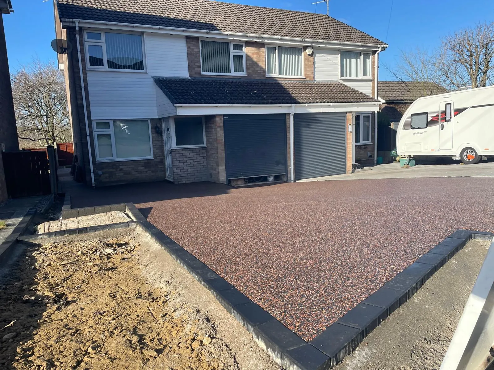 Russet resin driveway installation at semi-detached house, Manchester